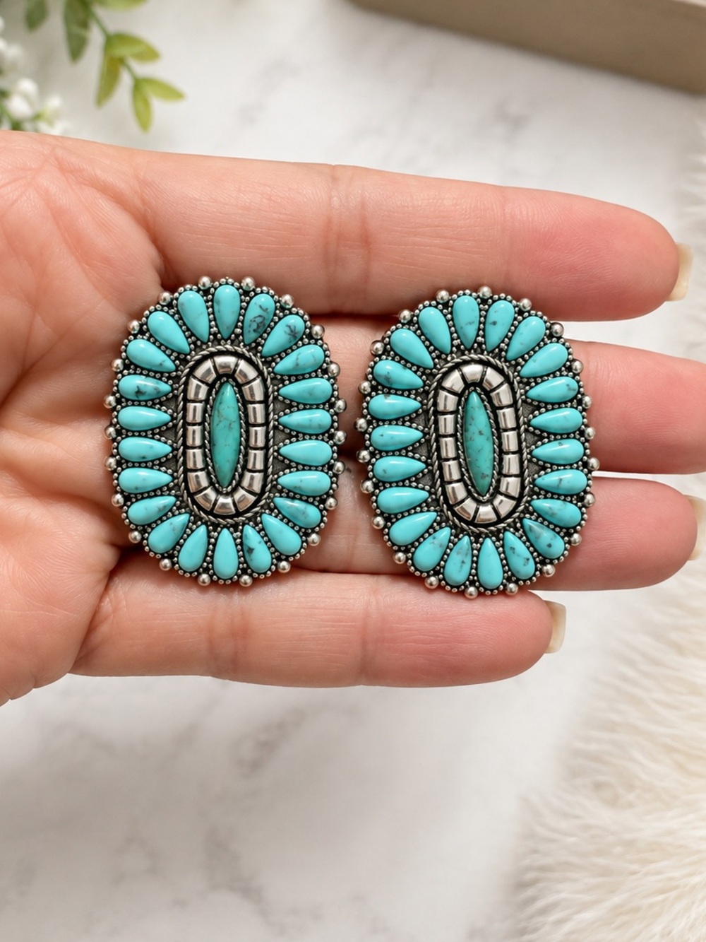 Turquoise Oval Cluster Statement Earrings